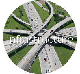 Aerial view of a highway interchange with green surroundings, featuring cars. The word "Infrastructure" overlays the scene.