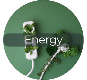 Power strip with plants growing from it, set on a green background. The word "Energy" is displayed across the image, suggesting eco-friendliness.