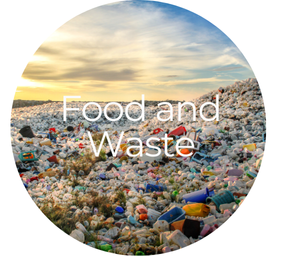 Sunset over a large pile of plastic waste with the text "Food and Waste" overlayed. The scene evokes environmental concern.