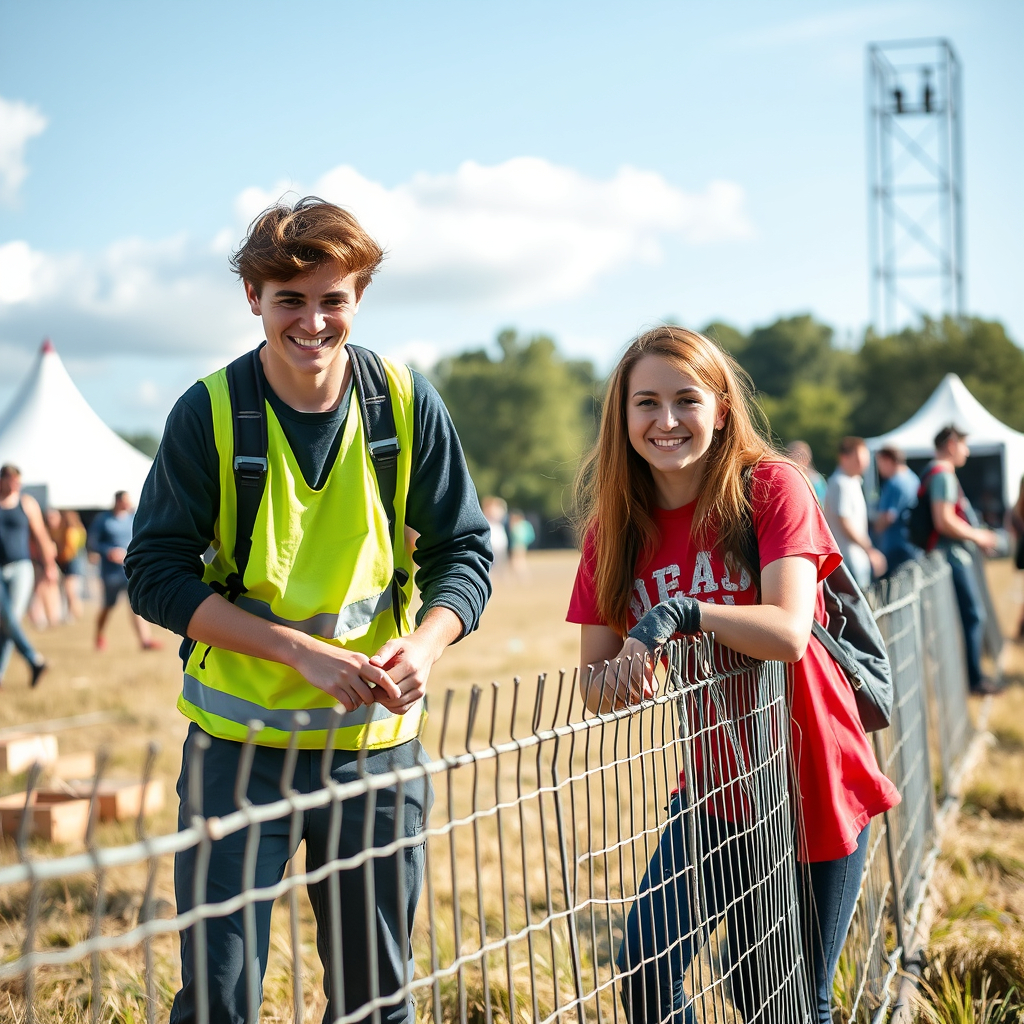 Two smiling people stand by a fence at an outdoor event. One wears a yellow vest, the other a red shirt. Tents and trees are in the background.