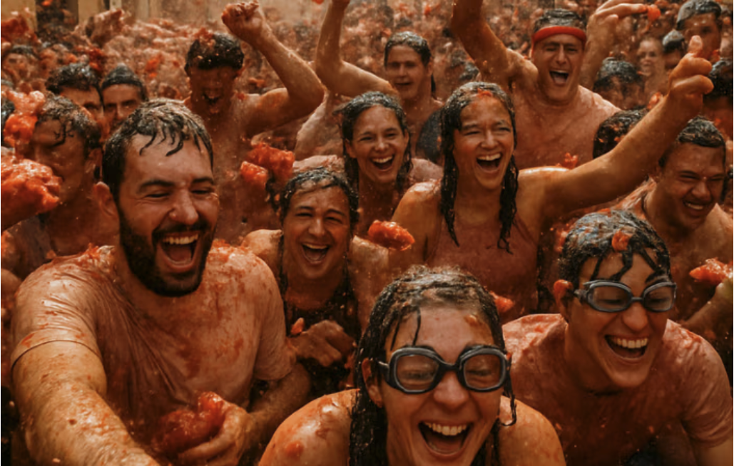 Crowd at a tomato festival, laughing and cheering, covered in smashed tomatoes. Vibrant red hues dominate the lively, joyful scene.